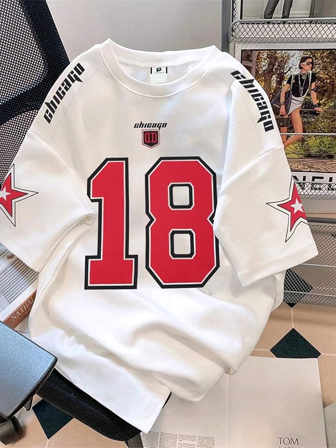 SXV STYLE Chicago Sports Jersey, Number 18, Black with Red Graphics, Short Sleeve T-Shirt
