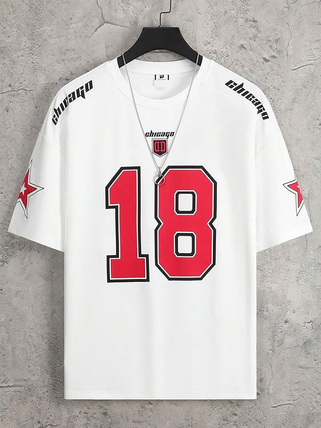 SXV STYLE Chicago Sports Jersey, Number 18, Black with Red Graphics, Short Sleeve T-Shirt