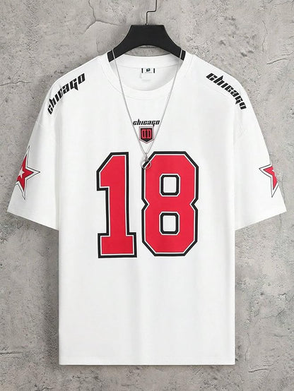 SXV STYLE Chicago Sports Jersey, Number 18, Black with Red Graphics, Short Sleeve T-Shirt